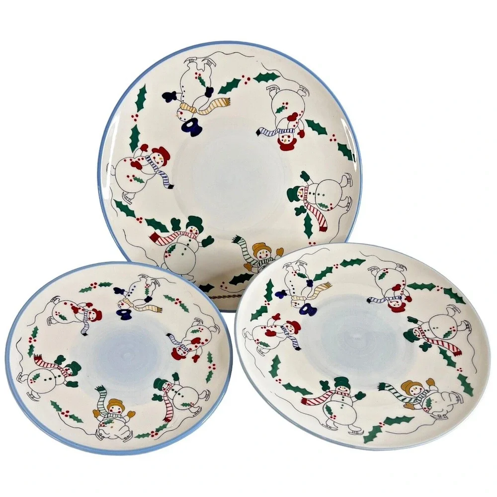 3 Temptations by Tara Snowman Plates Cake Dinner Salad‎ Serving Set Winter Xmas